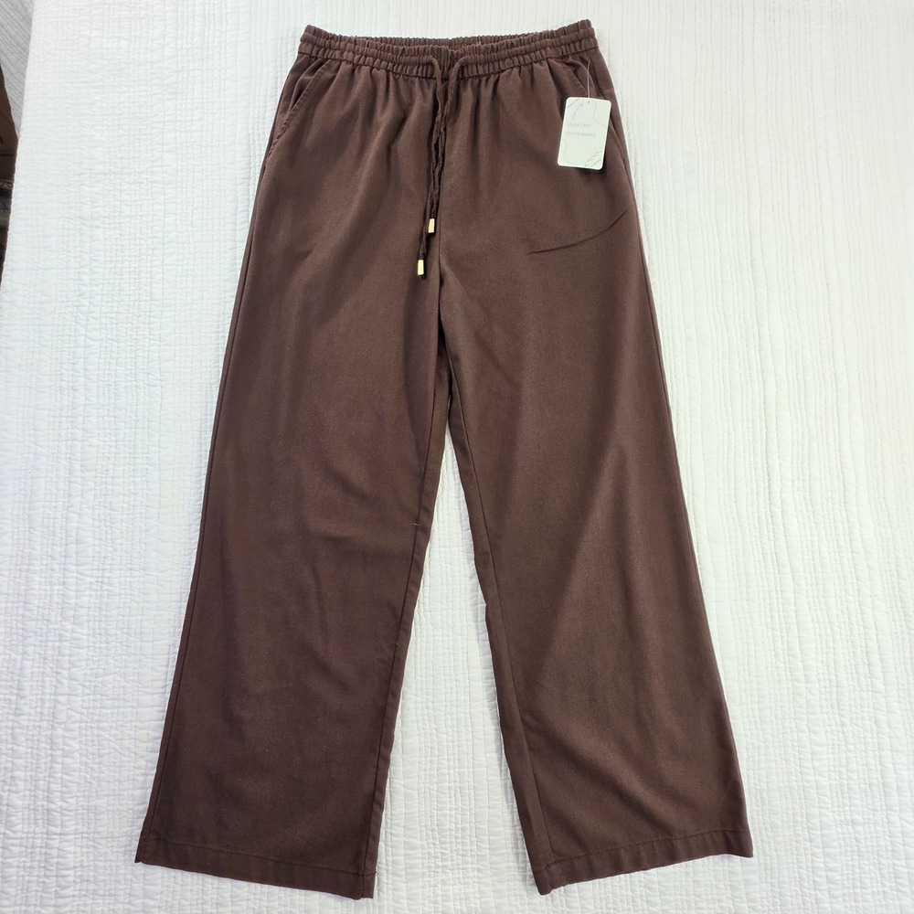 Ci Sono Linen Blend Trousers L Chocolate Wide Leg Flowy Coastal Resort NWT